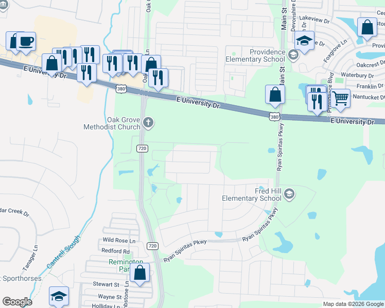 map of restaurants, bars, coffee shops, grocery stores, and more near 114 Doug Drive in Aubrey