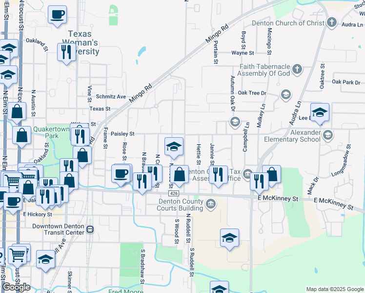 map of restaurants, bars, coffee shops, grocery stores, and more near 624 North Ruddell Street in Denton