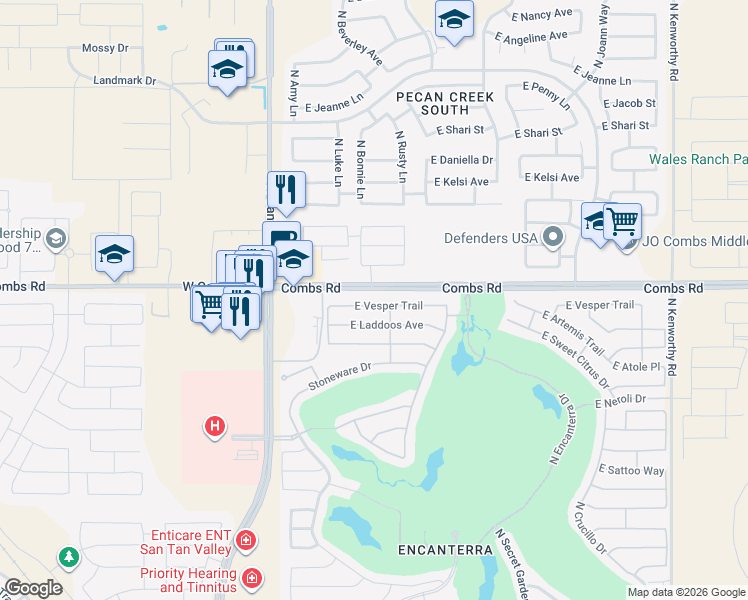map of restaurants, bars, coffee shops, grocery stores, and more near 437 East Vesper Trail in San Tan Valley
