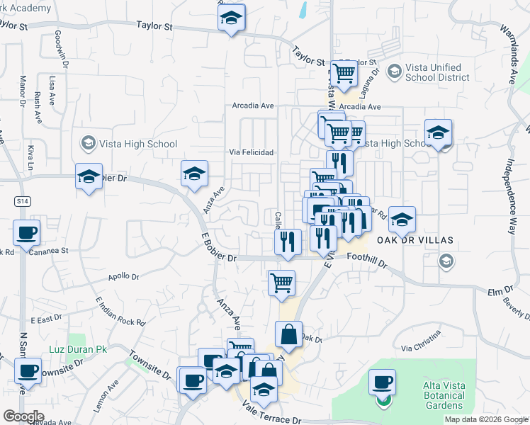map of restaurants, bars, coffee shops, grocery stores, and more near 1370 Calle Jules in Vista