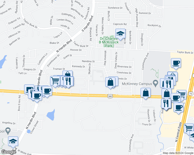 map of restaurants, bars, coffee shops, grocery stores, and more near 2000 Skyline Drive in McKinney