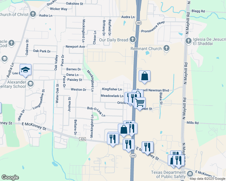 map of restaurants, bars, coffee shops, grocery stores, and more near 3407 Meadowlark Lane in Denton