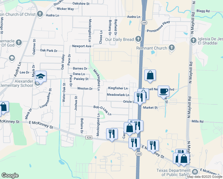 map of restaurants, bars, coffee shops, grocery stores, and more near 3311 Meadowlark Lane in Denton