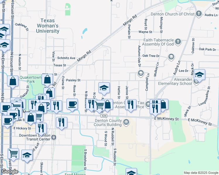 map of restaurants, bars, coffee shops, grocery stores, and more near 624 North Ruddell Street in Denton