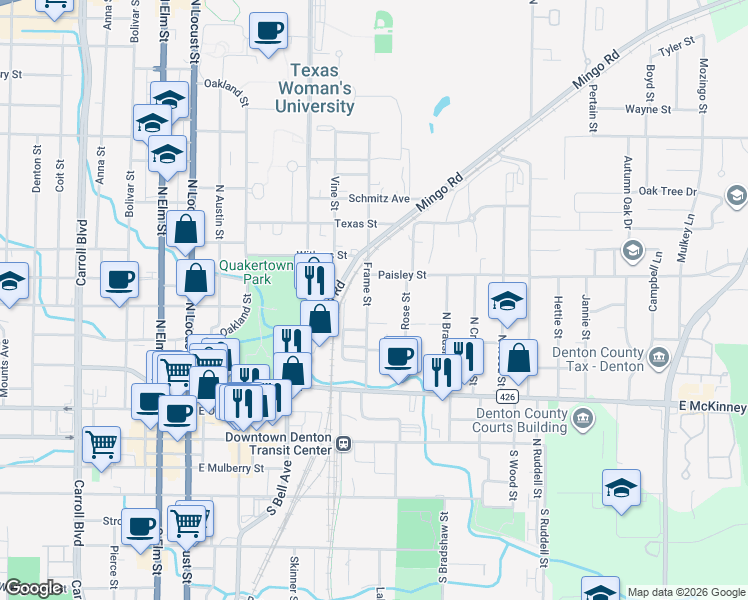 map of restaurants, bars, coffee shops, grocery stores, and more near 615 Frame Street in Denton