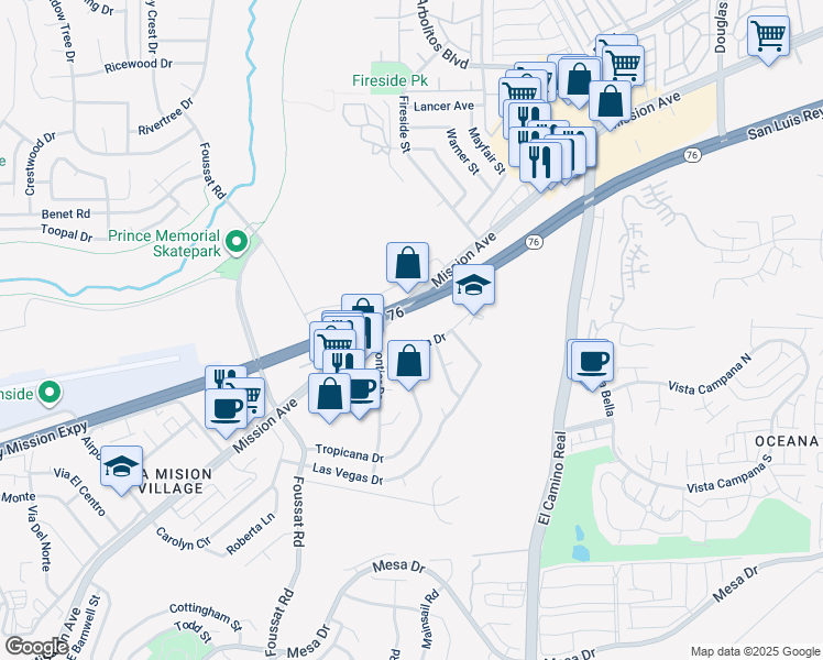 map of restaurants, bars, coffee shops, grocery stores, and more near Hacienda Drive in Oceanside