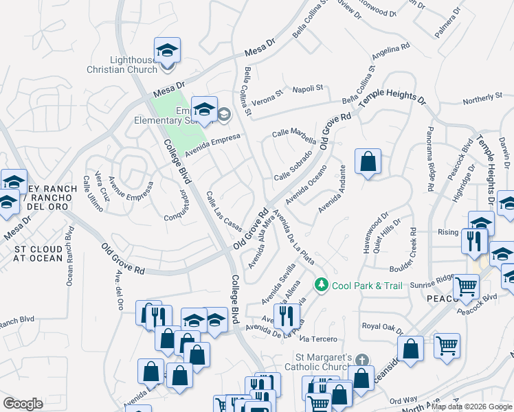 map of restaurants, bars, coffee shops, grocery stores, and more near 1664 Avenida Guillermo in Oceanside