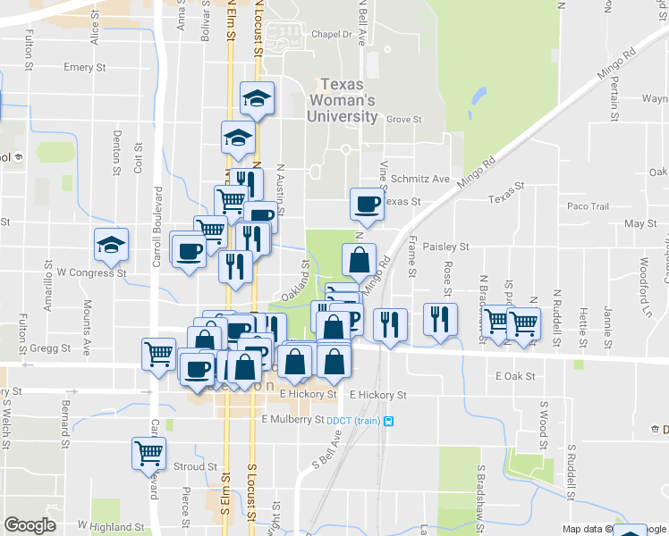 map of restaurants, bars, coffee shops, grocery stores, and more near 700 Oakland Street in Denton
