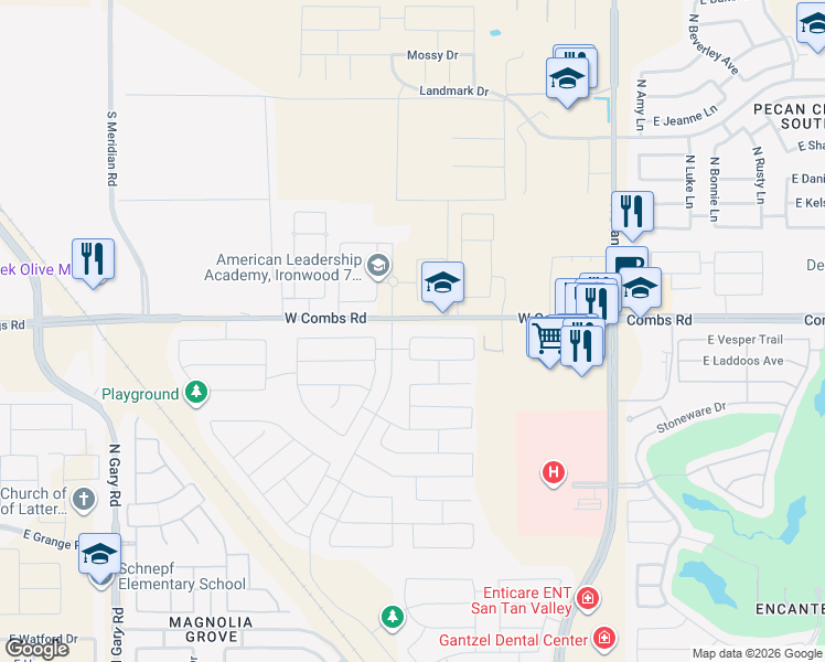 map of restaurants, bars, coffee shops, grocery stores, and more near 37428 N Cimarron Trail in San Tan Valley