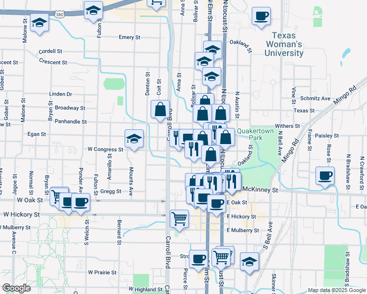 map of restaurants, bars, coffee shops, grocery stores, and more near 318 1/2 West Congress Street in Denton