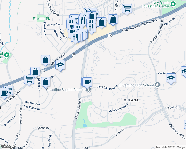 map of restaurants, bars, coffee shops, grocery stores, and more near 3615 Vista Bella in Oceanside