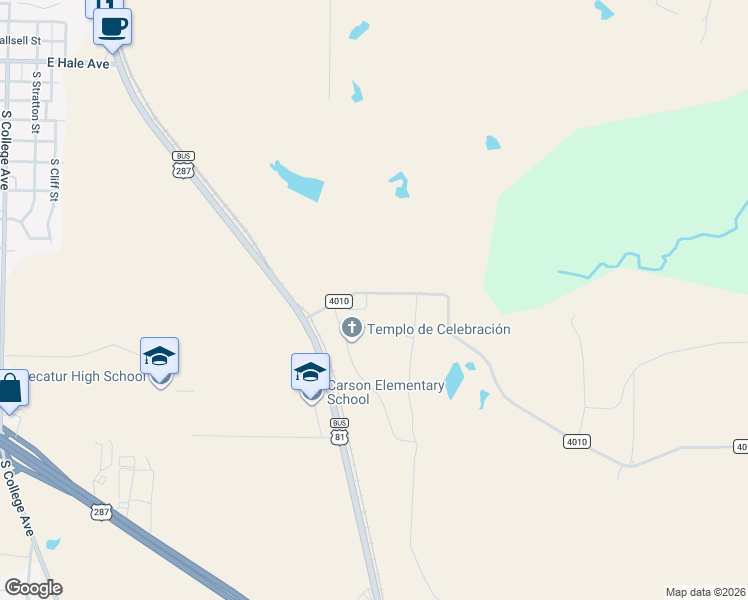 map of restaurants, bars, coffee shops, grocery stores, and more near 188 County Road 4010 in Decatur