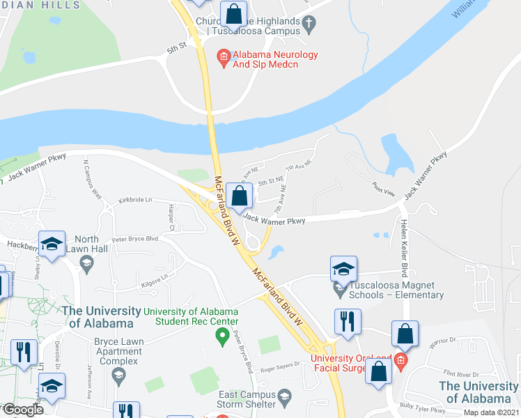 map of restaurants, bars, coffee shops, grocery stores, and more near 535 Jack Warner Parkway in Tuscaloosa