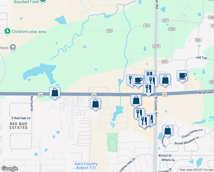 map of restaurants, bars, coffee shops, grocery stores, and more near 4011 East University Drive in Prosper