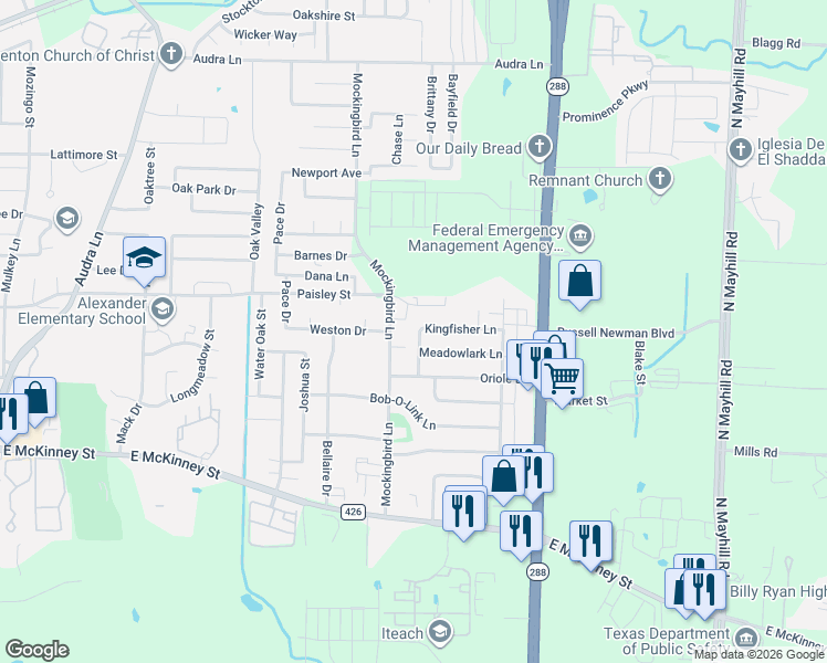 map of restaurants, bars, coffee shops, grocery stores, and more near 3311 Meadowlark Lane in Denton