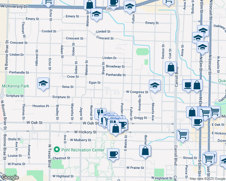 map of restaurants, bars, coffee shops, grocery stores, and more near 1310 Scripture Street in Denton