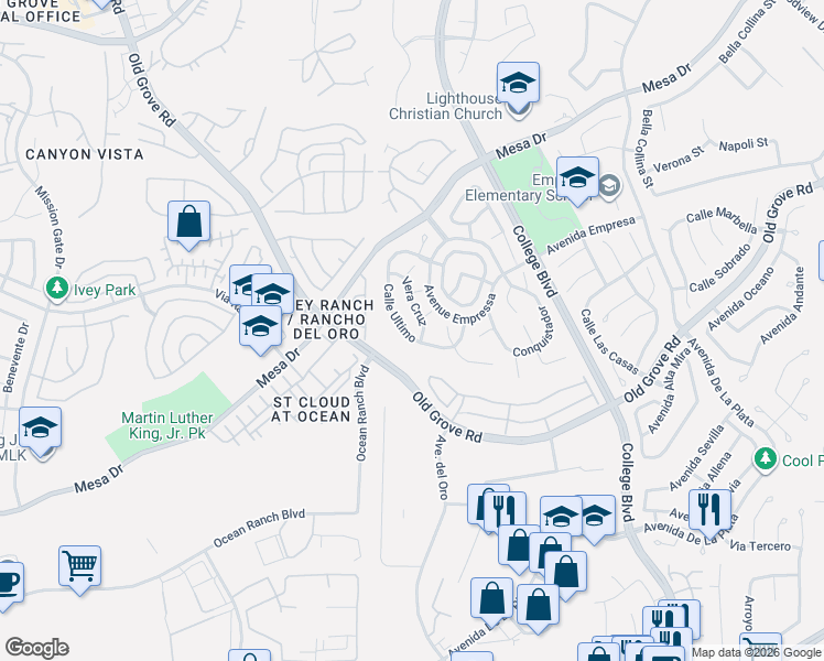 map of restaurants, bars, coffee shops, grocery stores, and more near 1280 Calle Ultimo in Oceanside