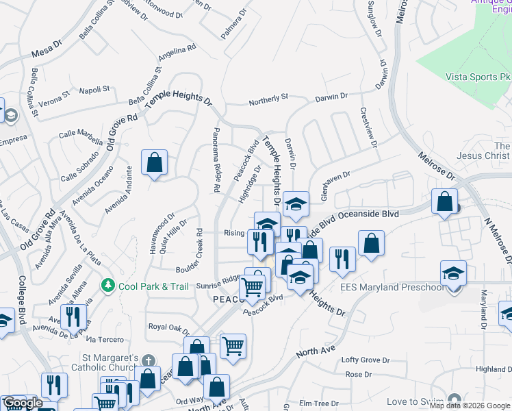 map of restaurants, bars, coffee shops, grocery stores, and more near 1522 Rolling Hills Drive in Oceanside