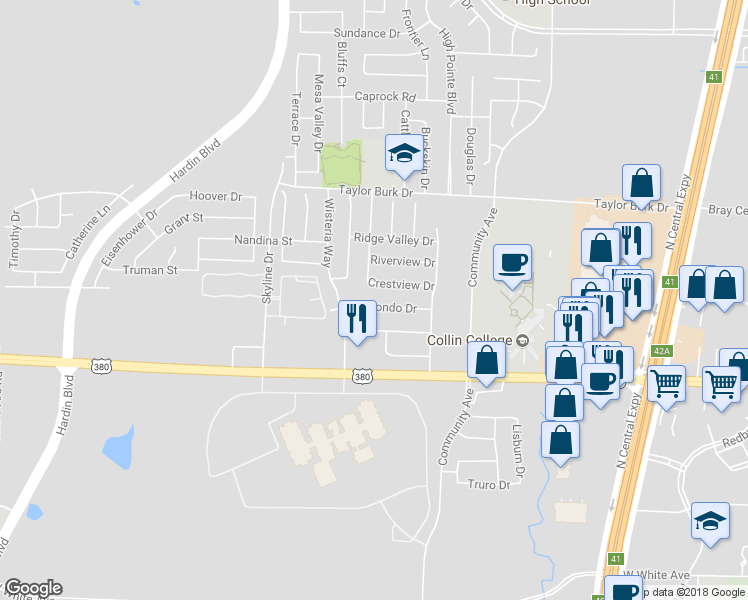 map of restaurants, bars, coffee shops, grocery stores, and more near 2118 Redondo Drive in McKinney