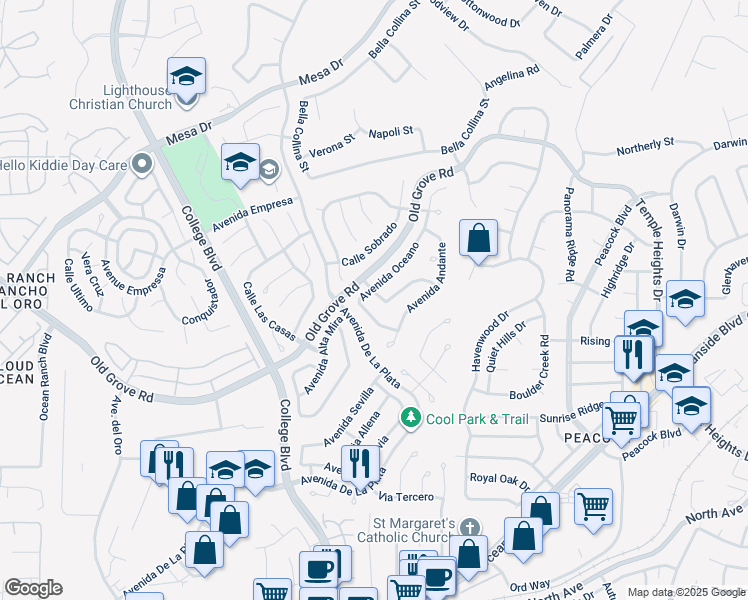 map of restaurants, bars, coffee shops, grocery stores, and more near 1660 Corte Verano in Oceanside