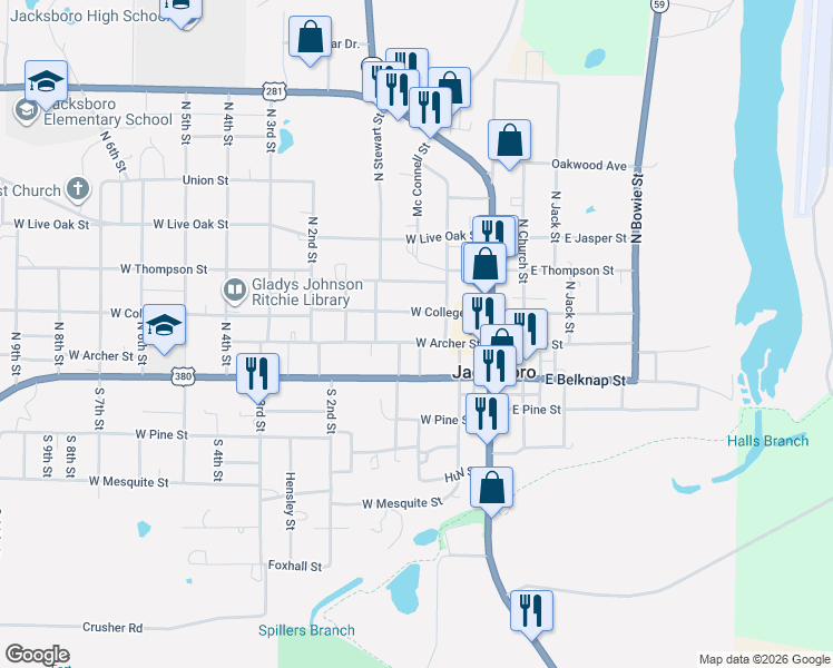 map of restaurants, bars, coffee shops, grocery stores, and more near 229 West Archer Street in Jacksboro