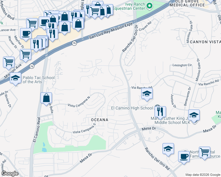 map of restaurants, bars, coffee shops, grocery stores, and more near 3915 San Pablo Avenue in Oceanside
