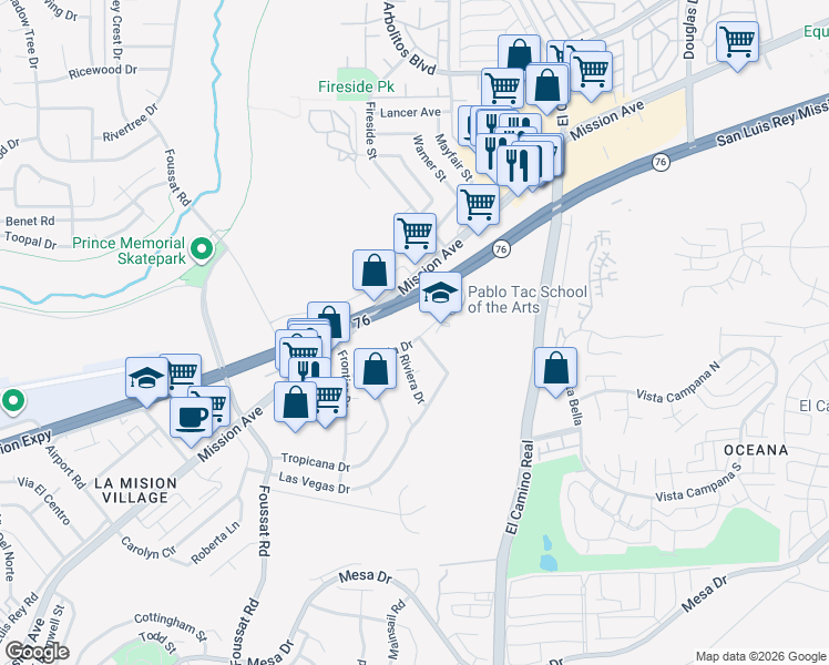 map of restaurants, bars, coffee shops, grocery stores, and more near 123 Flamingo Drive in Oceanside