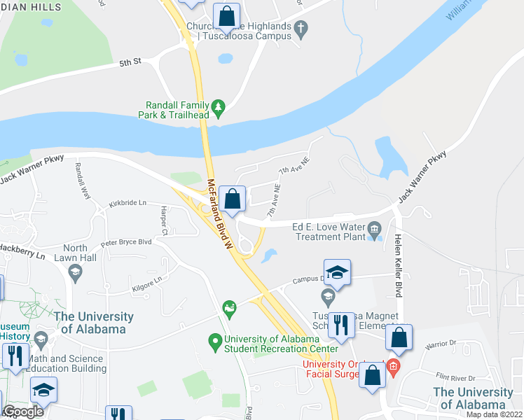 map of restaurants, bars, coffee shops, grocery stores, and more near 535 Jack Warner Parkway in Tuscaloosa