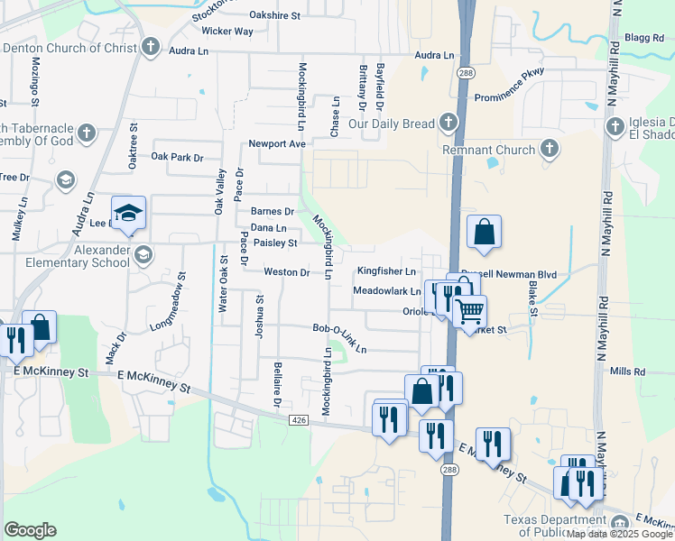 map of restaurants, bars, coffee shops, grocery stores, and more near 321 Mockingbird Lane in Denton