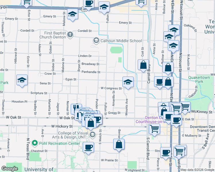 map of restaurants, bars, coffee shops, grocery stores, and more near 510 Fulton Street in Denton