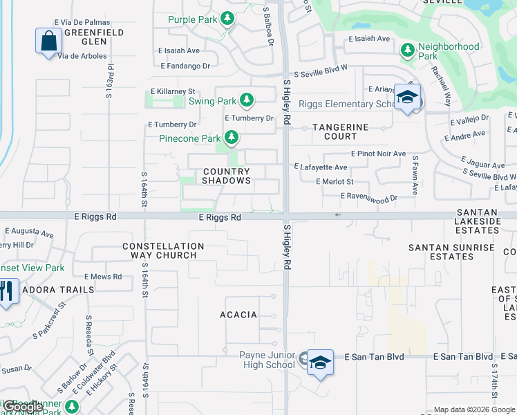 map of restaurants, bars, coffee shops, grocery stores, and more near 7172 South Balboa Court in Gilbert