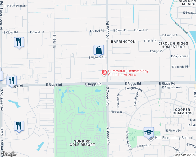 map of restaurants, bars, coffee shops, grocery stores, and more near 3646 East Sagittarius Place in Chandler