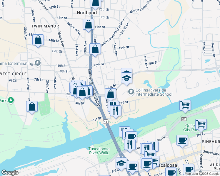 map of restaurants, bars, coffee shops, grocery stores, and more near 6th Street in Northport