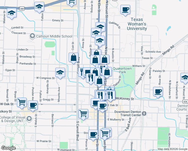 map of restaurants, bars, coffee shops, grocery stores, and more near 200 West Congress Street in Denton