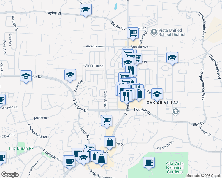 map of restaurants, bars, coffee shops, grocery stores, and more near 1010 East Bobier Drive in Vista