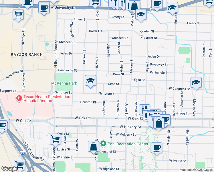 map of restaurants, bars, coffee shops, grocery stores, and more near 1910 Sena Street in Denton