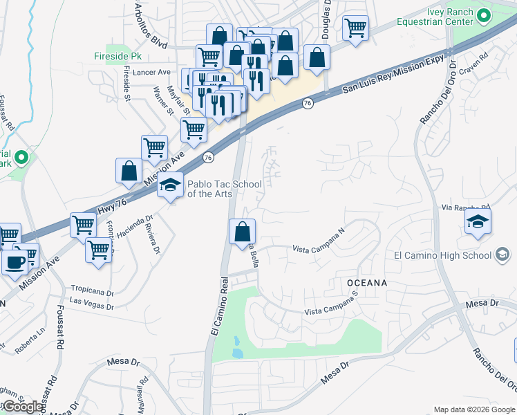 map of restaurants, bars, coffee shops, grocery stores, and more near 398 Stage Coach Rd in Oceanside