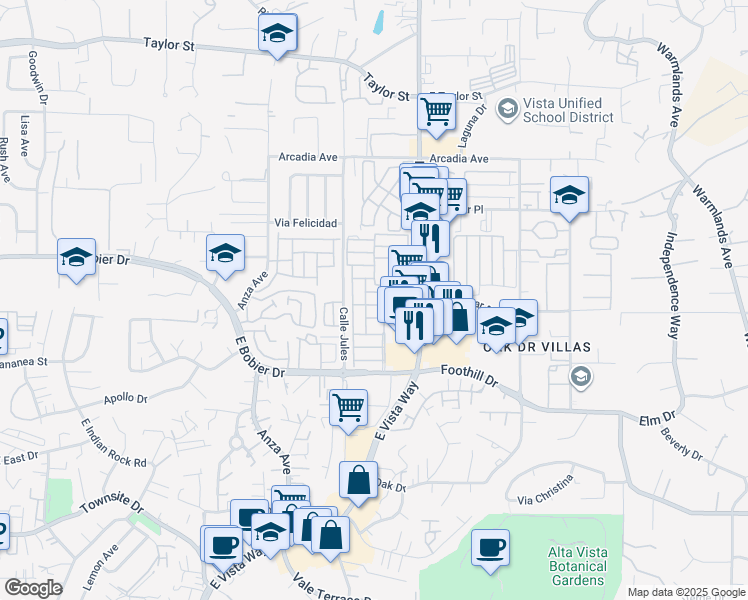 map of restaurants, bars, coffee shops, grocery stores, and more near 1010 East Bobier Drive in Vista