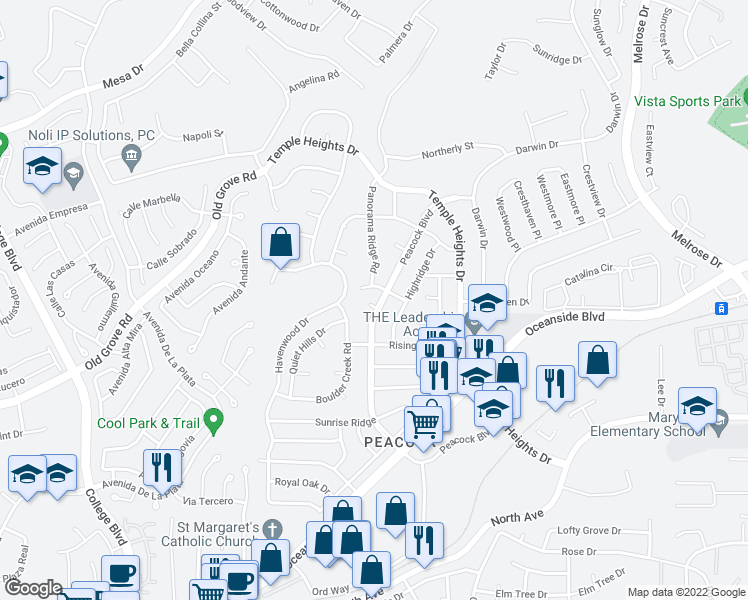 map of restaurants, bars, coffee shops, grocery stores, and more near 1460 Panorama Ridge Road in Oceanside