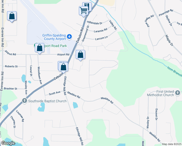 map of restaurants, bars, coffee shops, grocery stores, and more near Coldwater Way in Griffin