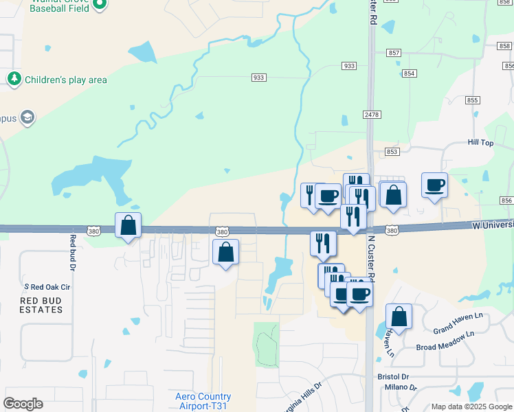 map of restaurants, bars, coffee shops, grocery stores, and more near 4011 E University Dr in Prosper