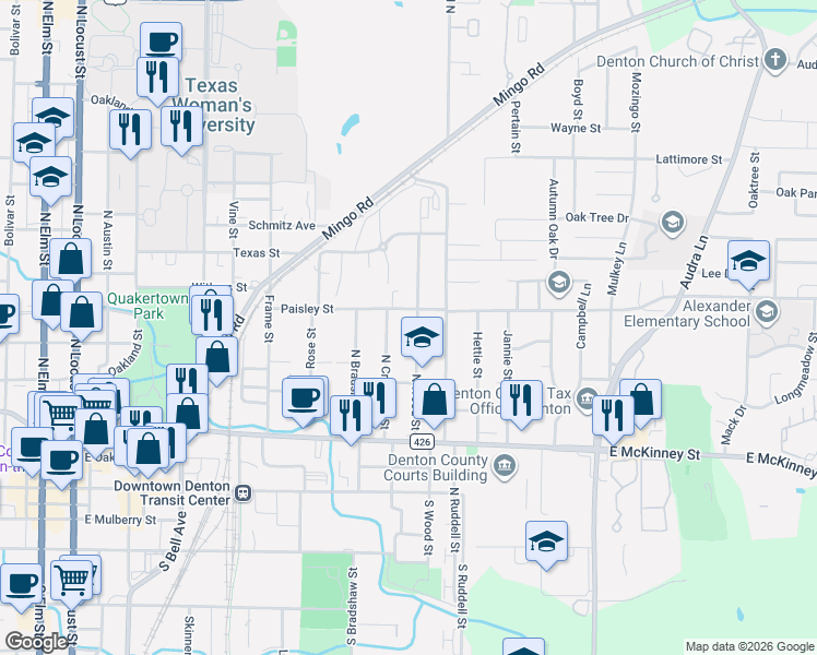 map of restaurants, bars, coffee shops, grocery stores, and more near 801 North Wood Street in Denton