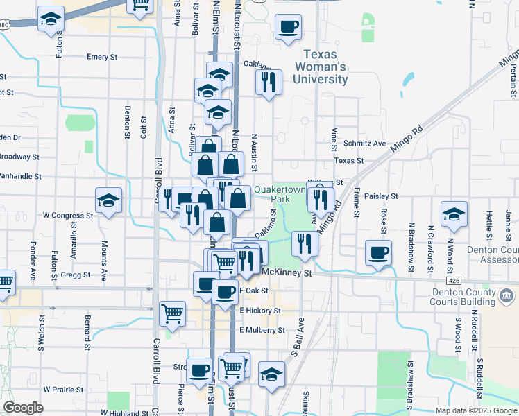 map of restaurants, bars, coffee shops, grocery stores, and more near 700 North Austin Street in Denton