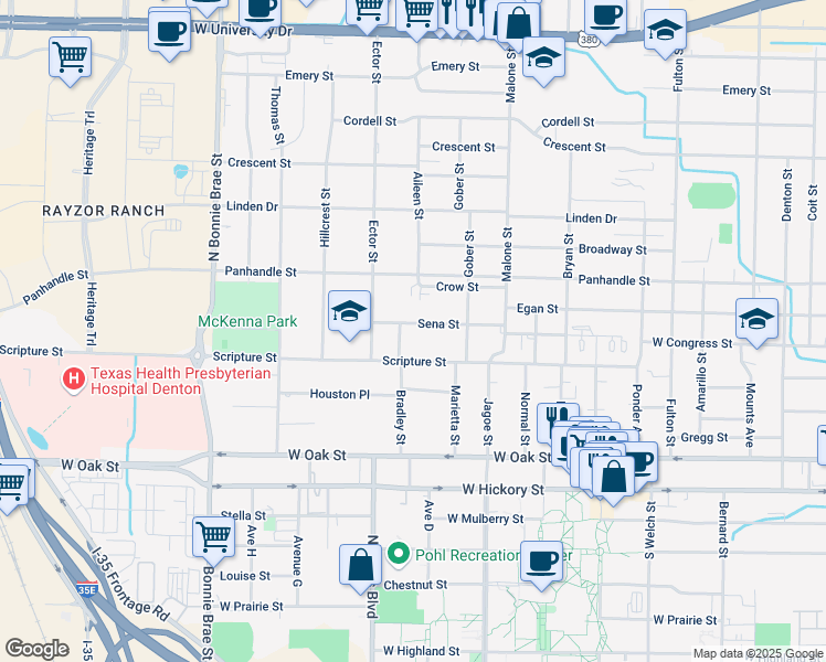 map of restaurants, bars, coffee shops, grocery stores, and more near 1910 Sena Street in Denton