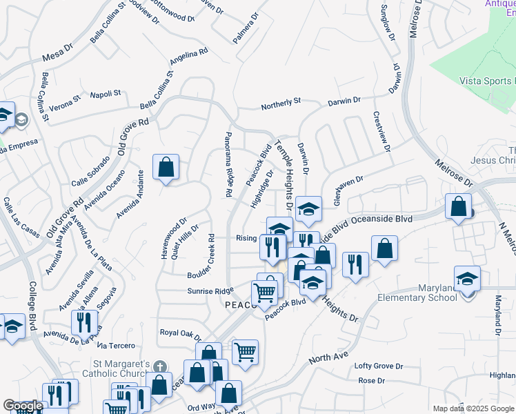 map of restaurants, bars, coffee shops, grocery stores, and more near 1460 Highridge Drive in Oceanside