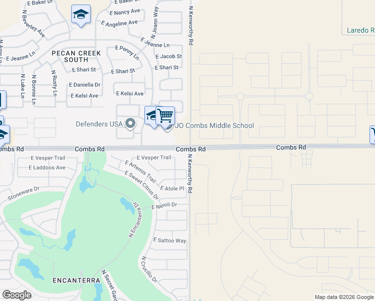 map of restaurants, bars, coffee shops, grocery stores, and more near 1701 Combs Road in Queen Creek