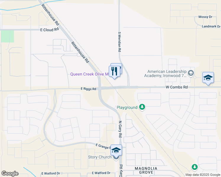 map of restaurants, bars, coffee shops, grocery stores, and more near S Rittenhouse Rd & W Combs Rd in Maricopa