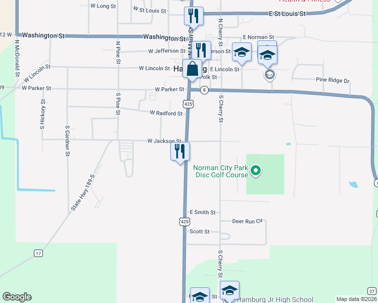 map of restaurants, bars, coffee shops, grocery stores, and more near 511 South Main Street in Hamburg