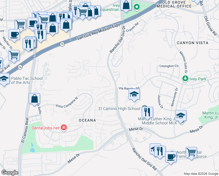map of restaurants, bars, coffee shops, grocery stores, and more near 388 San Dimas Avenue in Oceanside