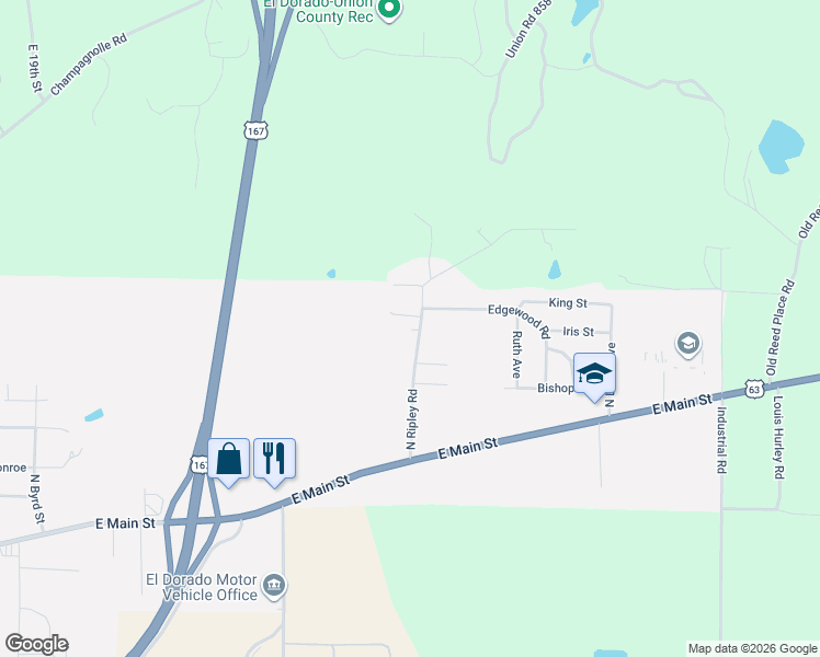 map of restaurants, bars, coffee shops, grocery stores, and more near 324 North Ripley Road in El Dorado